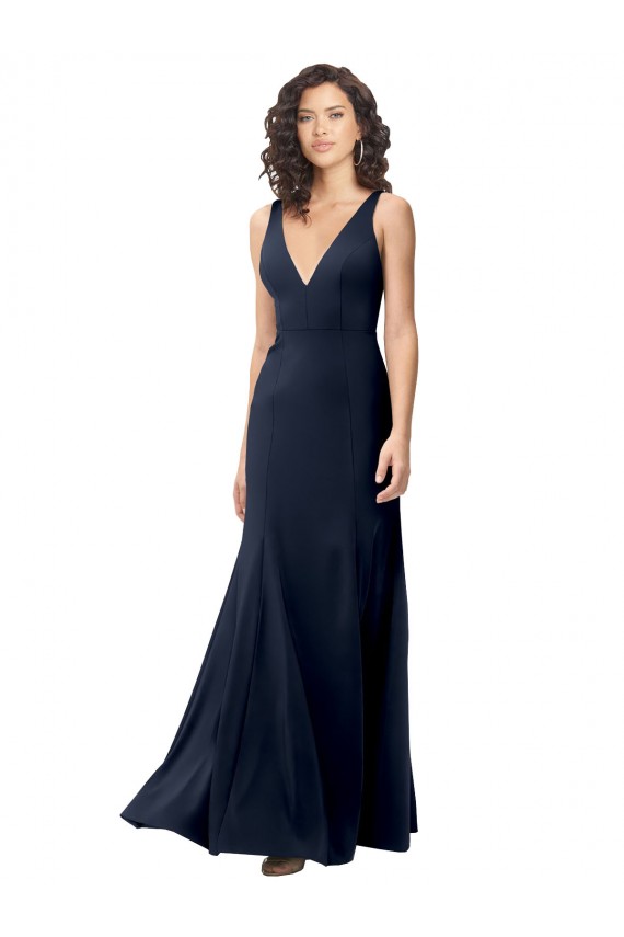 Bleu marine foncé Trapèze Col V Crêpe Stretch Longue Formelles Robes demoiselle d'honneur / Robes de soirée / Robes de bal Prix Réduit