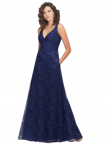 Bleu marine foncé Trapèze Col V Dentelle Longue Robes demoiselle d'honneur Prix Réduit