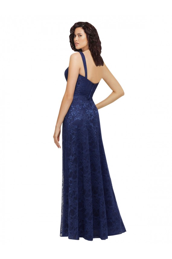 Bleu marine foncé Trapèze Col V Dentelle Longue Robes demoiselle d'honneur Prix Réduit