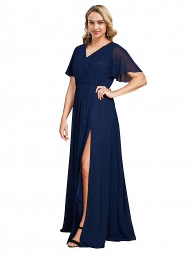 Bleu marine foncé Trapèze Col V Mousseline Longue Formelles Robes demoiselle d'honneur / Robes de soirée / Robes de bal Prix Réduit
