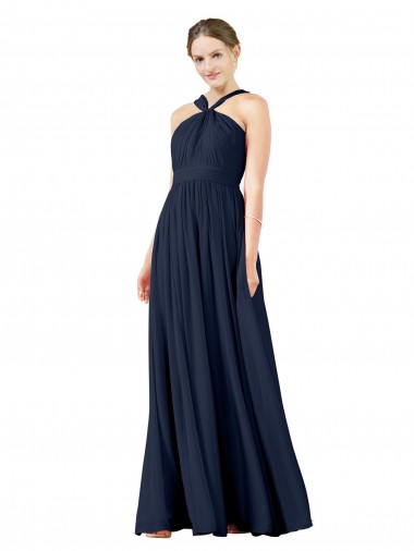 Bleu marine foncé Trapèze Col V Mousseline Longue Robes demoiselle d'honneur Prix Réduit