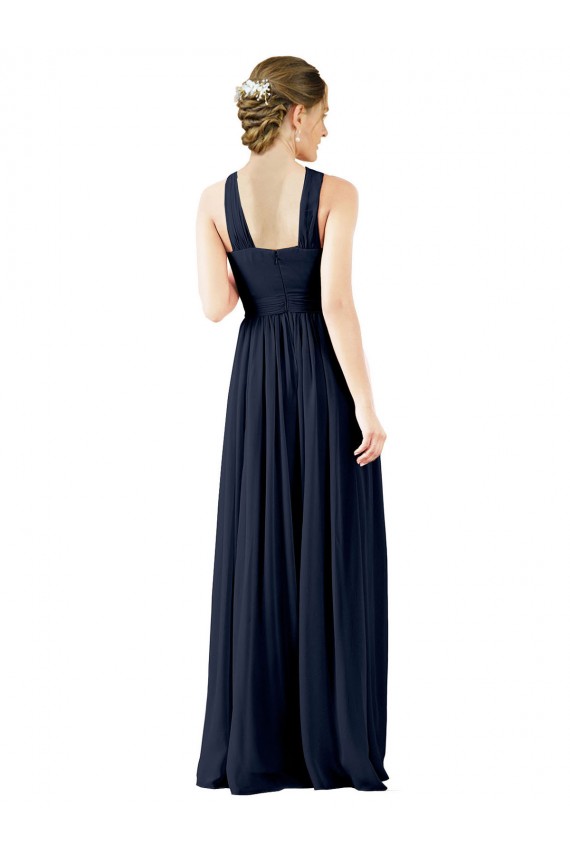 Bleu marine foncé Trapèze Col V Mousseline Longue Robes demoiselle d'honneur Prix Réduit