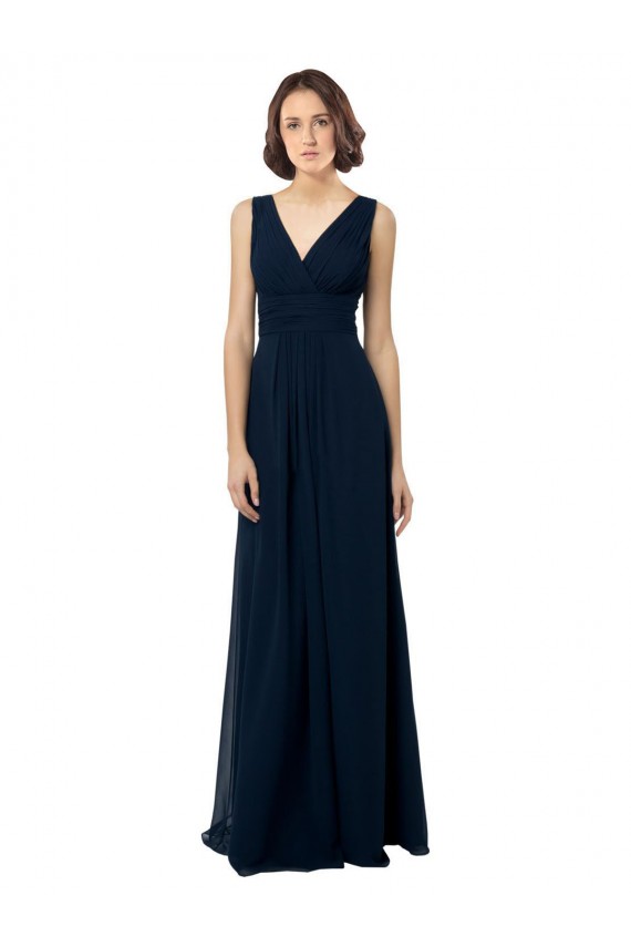 Bleu marine foncé Trapèze Col V Mousseline Longue Robes demoiselle d'honneur Prix Réduit