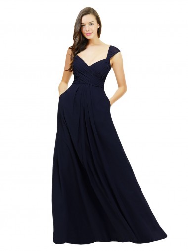 Bleu marine foncé Trapèze Col V Mousseline Longue Robes demoiselle d'honneur Prix Réduit