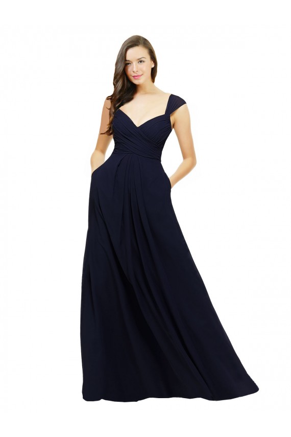 Bleu marine foncé Trapèze Col V Mousseline Longue Robes demoiselle d'honneur Prix Réduit