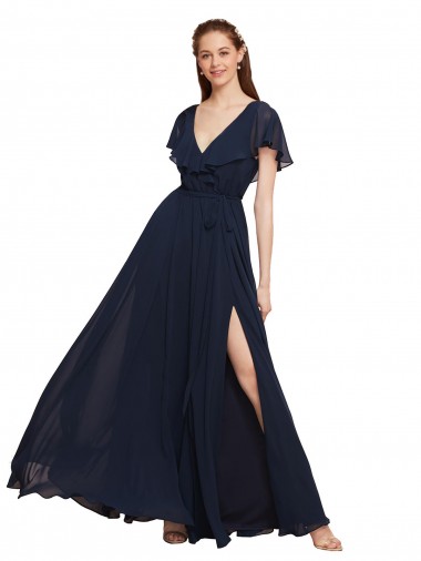 Bleu marine foncé Trapèze Col V Mousseline Longue Robes demoiselle d'honneur Prix Réduit
