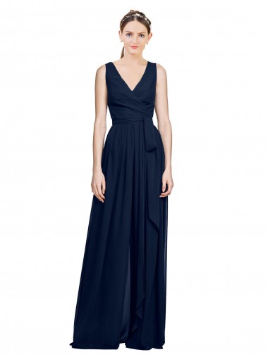 Bleu marine foncé Trapèze Col V Mousseline Longue Robes demoiselle d'honneur Prix Réduit