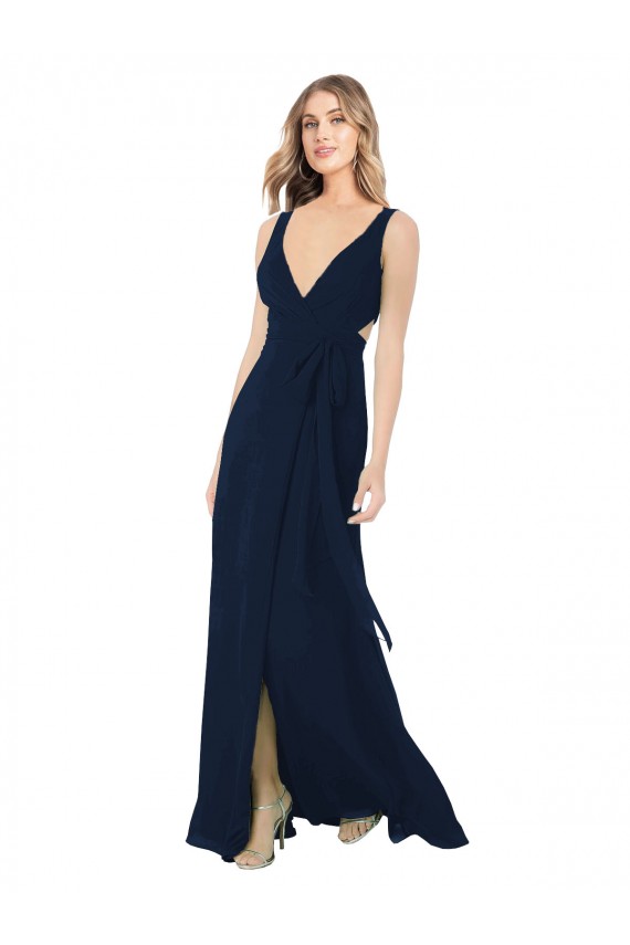 Bleu marine foncé Trapèze Col V Mousseline Longue Robes demoiselle d'honneur Prix Réduit