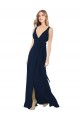 Bleu marine foncé Trapèze Col V Mousseline Longue Robes demoiselle d'honneur Prix Réduit