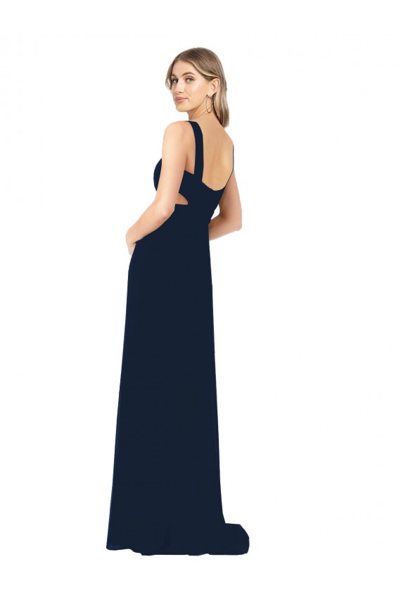 Bleu marine foncé Trapèze Col V Mousseline Longue Robes demoiselle d'honneur Prix Réduit