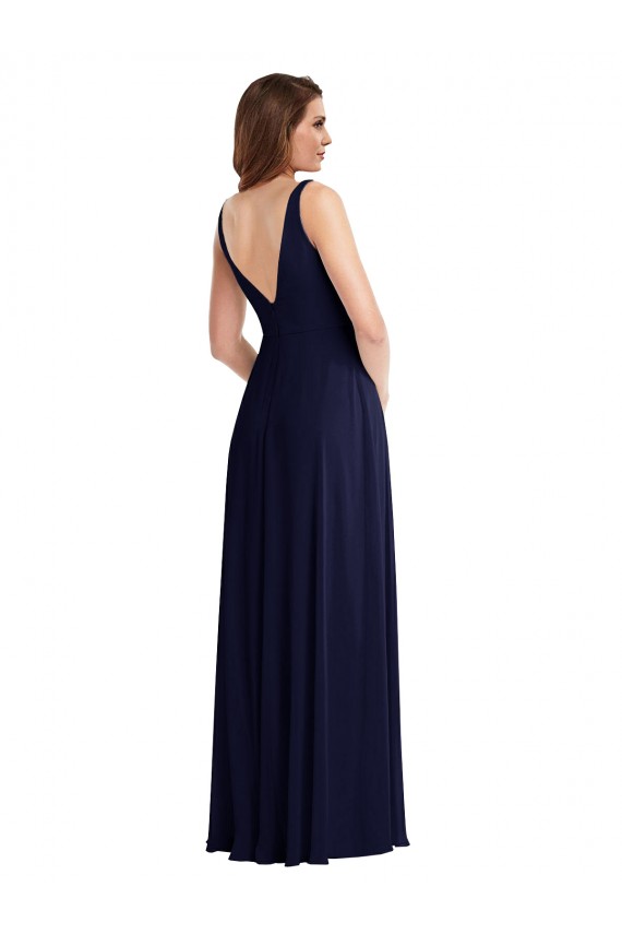 Bleu marine foncé Trapèze Col V Mousseline Longue Robes demoiselle d'honneur Prix Réduit