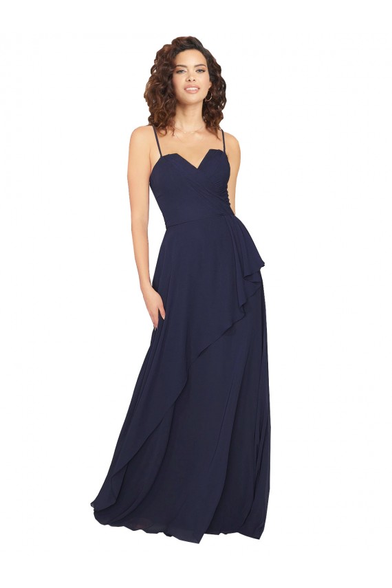 Bleu marine foncé Trapèze Col V Mousseline Longue Robes demoiselle d'honneur Prix Réduit