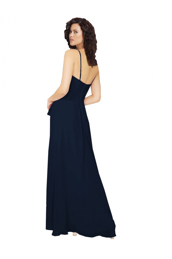 Bleu marine foncé Trapèze Col V Mousseline Longue Robes demoiselle d'honneur Prix Réduit