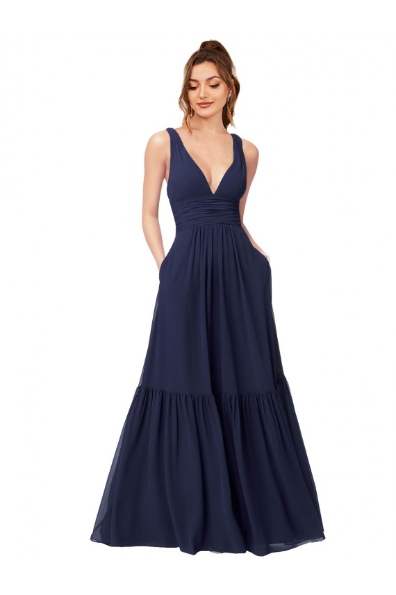 Bleu marine foncé Trapèze Col V Mousseline Longue Robes demoiselle d'honneur Prix Réduit