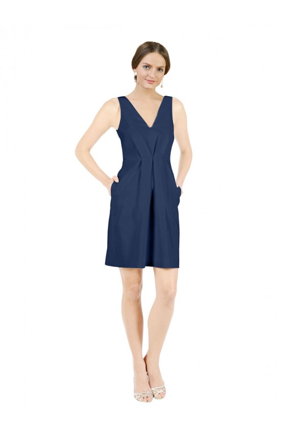 Bleu marine foncé Trapèze Col V Satiné Courte Robes demoiselle d'honneur / Robes de cocktail Prix Réduit