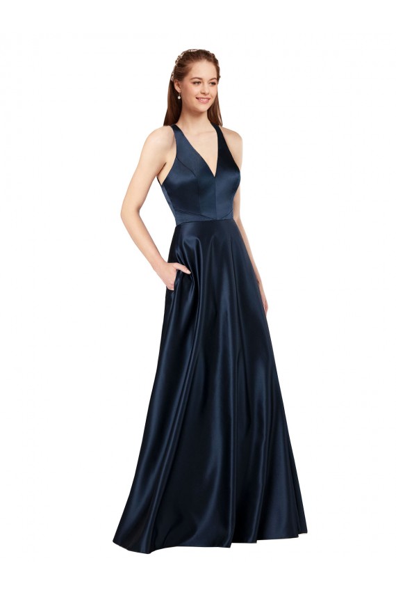 Bleu marine foncé Trapèze Col V Satiné Longue Formelles Robes demoiselle d'honneur / Robes de soirée / Robes de bal Prix Réduit