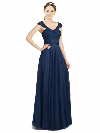 Bleu marine foncé Trapèze Col V Tulle Longue Robes demoiselle d'honneur Prix Réduit
