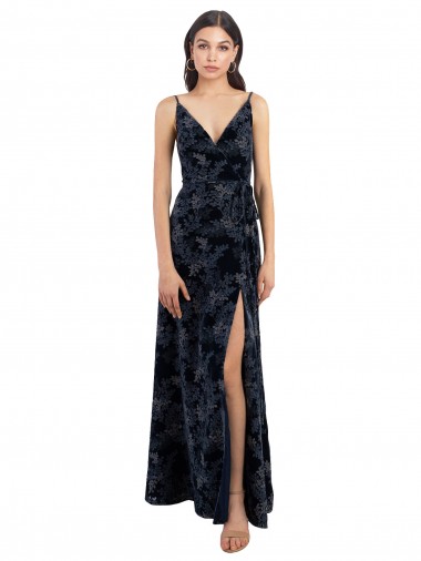 Bleu marine foncé Trapèze Col V Velours Floral Velours Stretch Longue Robes demoiselle d'honneur Prix Réduit