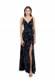 Bleu marine foncé Trapèze Col V Velours Floral Velours Stretch Longue Robes demoiselle d'honneur Prix Réduit
