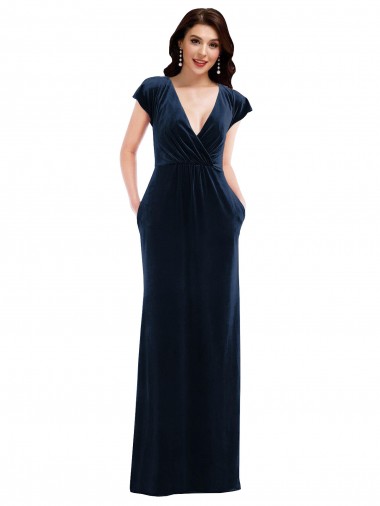 Bleu marine foncé Trapèze Col V Velours Stretch Longue Formelles Robes demoiselle d'honneur / Robes de soirée / Robes de bal Prix Réduit