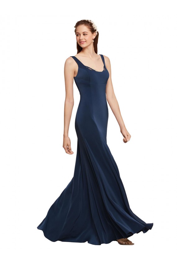 Bleu marine foncé Trapèze Col rond Crêpe Stretch Longue Formelles Robes demoiselle d'honneur / Robes de soirée / Robes de bal Prix Réduit