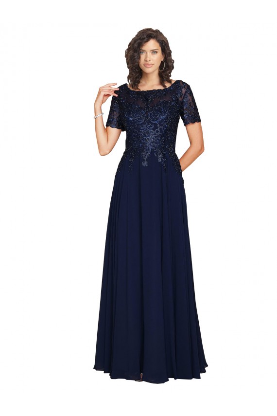 Bleu marine foncé Trapèze Col rond Mousseline Longue Robes demoiselle d'honneur / Robes de bal Prix Réduit