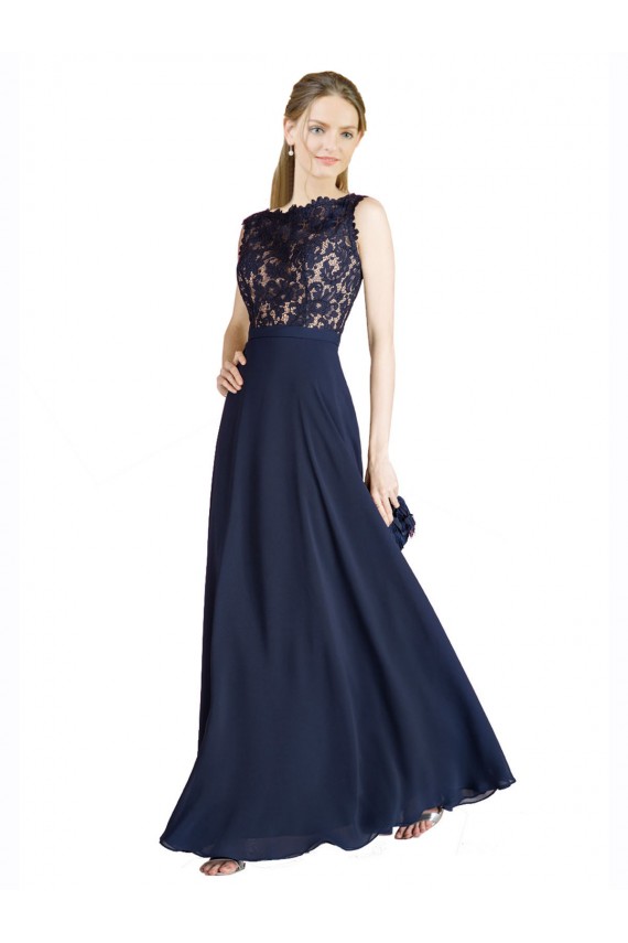 Bleu marine foncé Trapèze Illusion Mousseline Dentelle Longue Robes demoiselle d'honneur / Robes de bal Prix Réduit