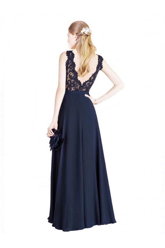 Bleu marine foncé Trapèze Illusion Mousseline Dentelle Longue Robes demoiselle d'honneur / Robes de bal Prix Réduit