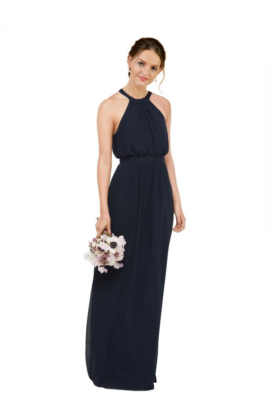 Bleu marine foncé Trapèze Licou Col Haut Mousseline Longue Robes demoiselle d'honneur Prix Réduit