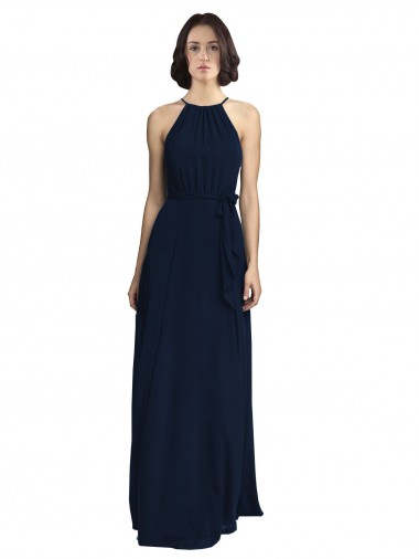 Bleu marine foncé Trapèze Licou Col Haut Mousseline Longue Robes demoiselle d'honneur Prix Réduit