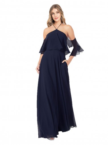 Bleu marine foncé Trapèze Licou Col Haut Mousseline Longue Robes demoiselle d'honneur Prix Réduit