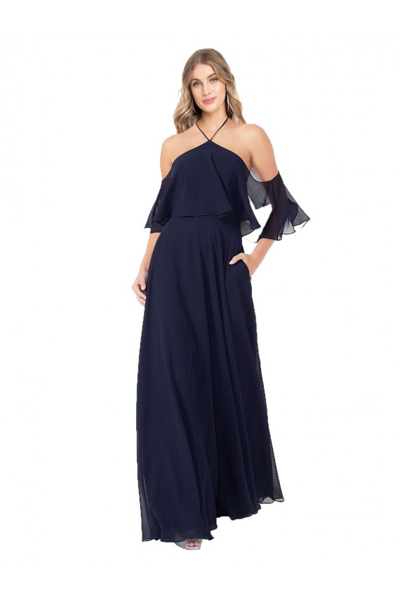Bleu marine foncé Trapèze Licou Col Haut Mousseline Longue Robes demoiselle d'honneur Prix Réduit