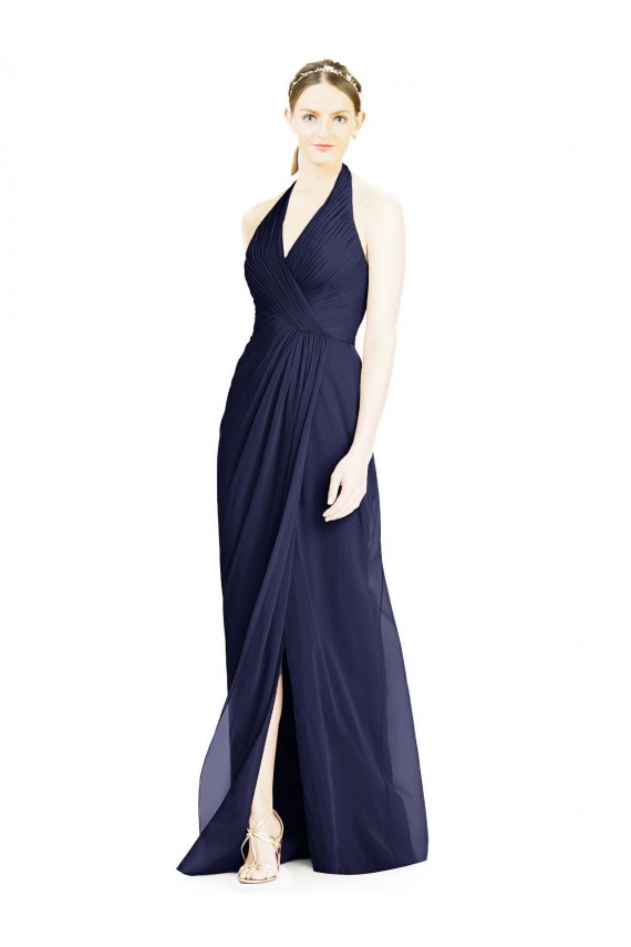 Bleu marine foncé Trapèze Licou Col V Mousseline Longue Robes demoiselle d'honneur Prix Réduit