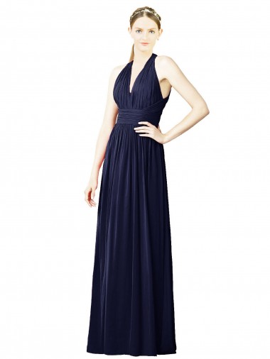 Bleu marine foncé Trapèze Licou Col V Mousseline Longue Robes demoiselle d'honneur Prix Réduit
