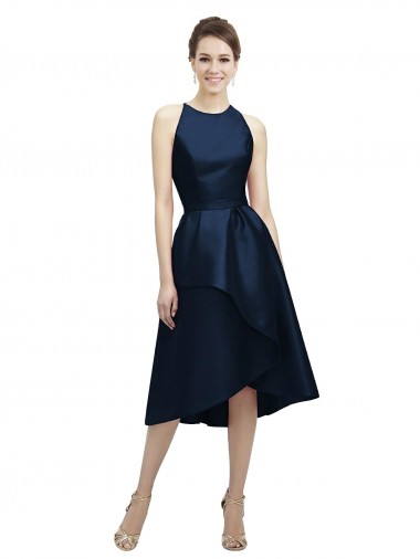 Bleu marine foncé Trapèze Licou Col bijou Satiné Courte Asymétrique Robes demoiselle d'honneur Prix Réduit