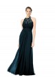 Bleu marine foncé Trapèze Licou Illusion Mousseline Dentelle Longue Robes demoiselle d'honneur Prix Réduit