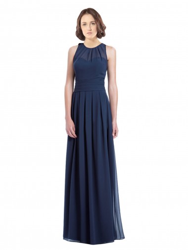 Bleu marine foncé Trapèze Licou Mousseline Longue Robes demoiselle d'honneur Prix Réduit