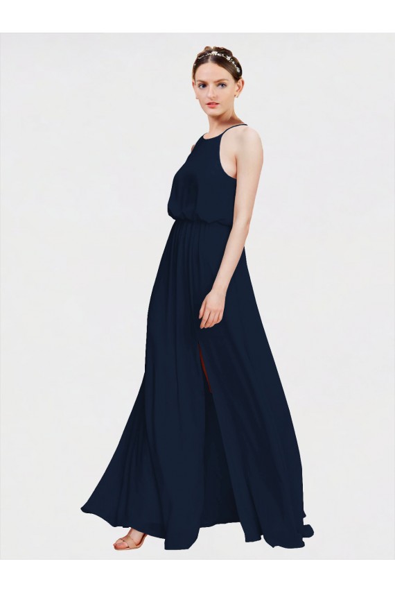Bleu marine foncé Trapèze Licou Mousseline Longue Robes demoiselle d'honneur Prix Réduit