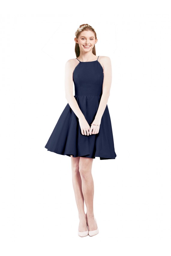Bleu marine foncé Trapèze Licou Satiné Courte Robes demoiselle d'honneur / Robes de cocktail Prix Réduit