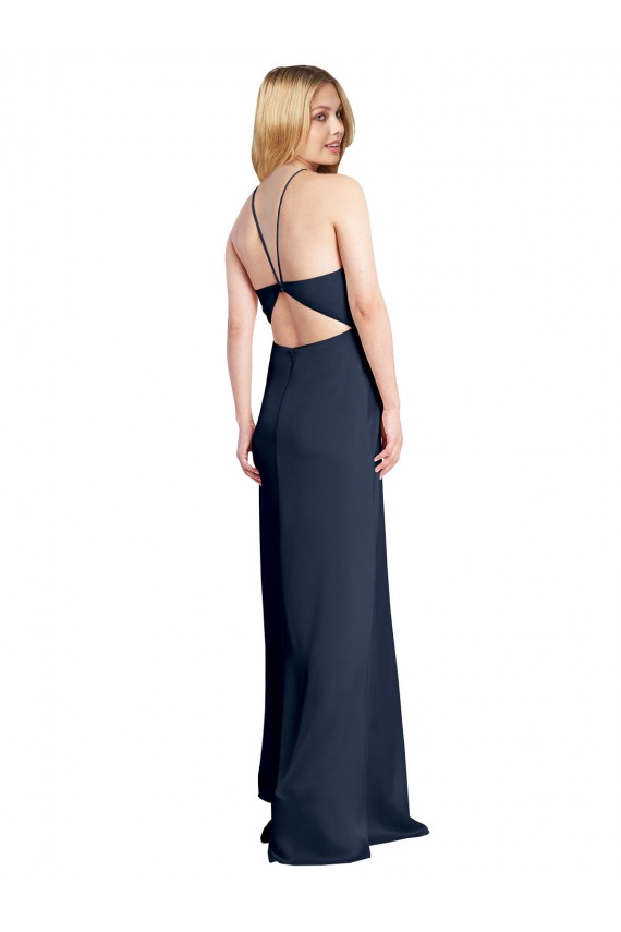 Bleu marine foncé Trapèze Licou Satiné Stretch Longue Formelles Robes demoiselle d'honneur / Robes de soirée / Robes de bal Prix Réduit