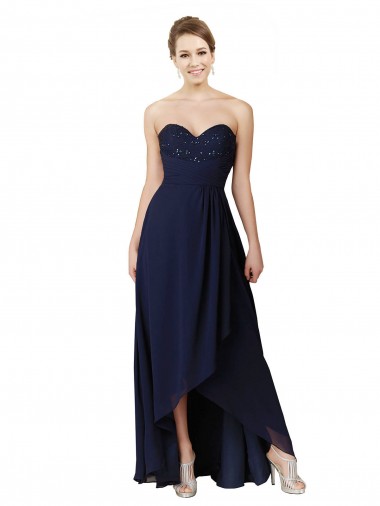 Bleu marine foncé Trapèze Mousseline Longue Asymétrique Robes demoiselle d'honneur Prix Réduit