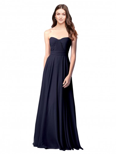 Bleu marine foncé Trapèze Sans bretelle Mousseline Longue Robes demoiselle d'honneur Prix Réduit