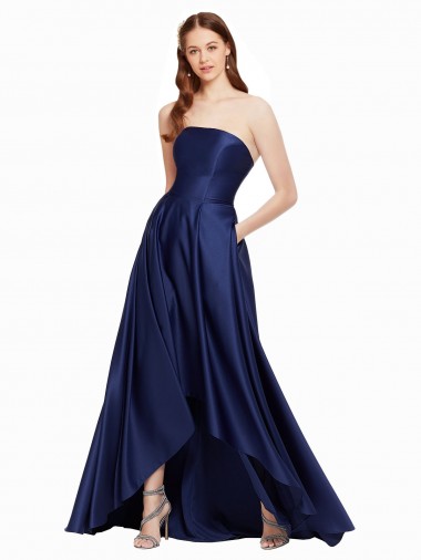 Bleu marine foncé Trapèze Sans bretelle Satiné Longue Asymétrique Formelles Robes demoiselle d'honneur / Robes de soirée / Robes de bal Prix Réduit
