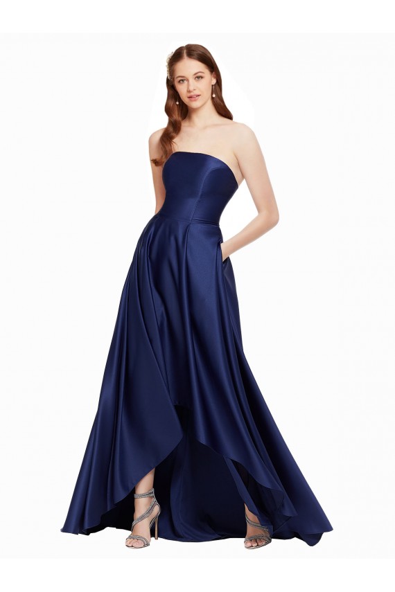 Bleu marine foncé Trapèze Sans bretelle Satiné Longue Asymétrique Formelles Robes demoiselle d'honneur / Robes de soirée / Robes de bal Prix Réduit