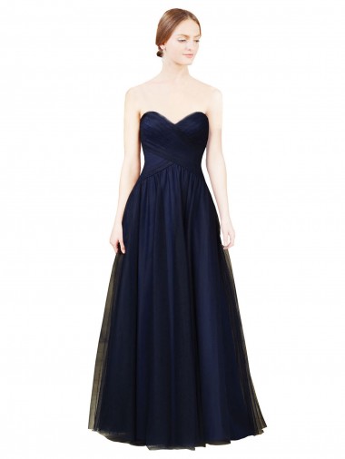 Bleu marine foncé Trapèze Sans bretelle Tulle Longue Robes demoiselle d'honneur Prix Réduit