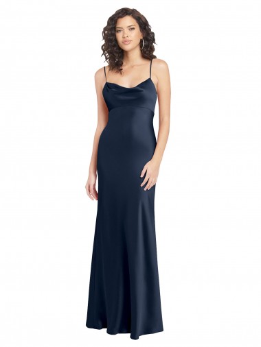 Bleu marine foncé Trapèze Satiné Stretch Longue Formelles Robes demoiselle d'honneur / Robes de soirée / Robes de bal Prix Réduit