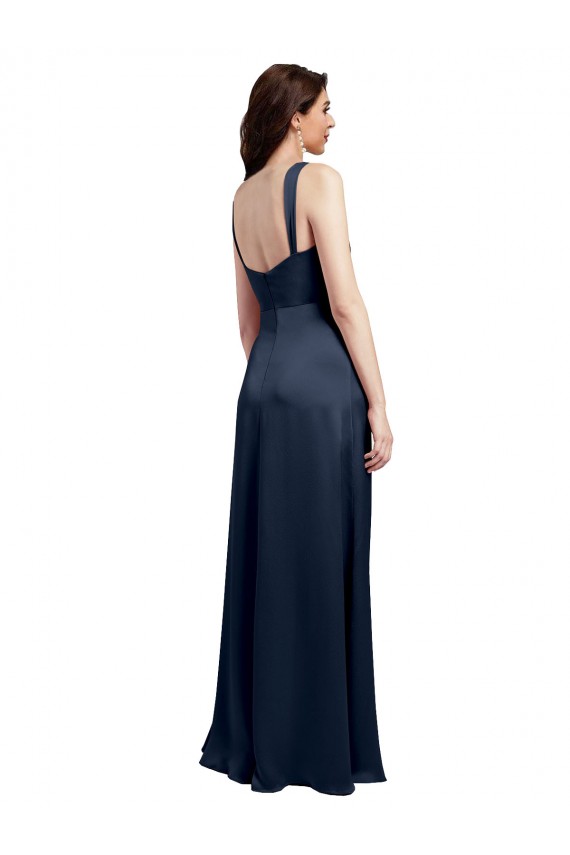 Bleu marine foncé Trapèze Satiné Stretch Longue Formelles Robes demoiselle d'honneur / Robes de soirée / Robes de bal Prix Réduit