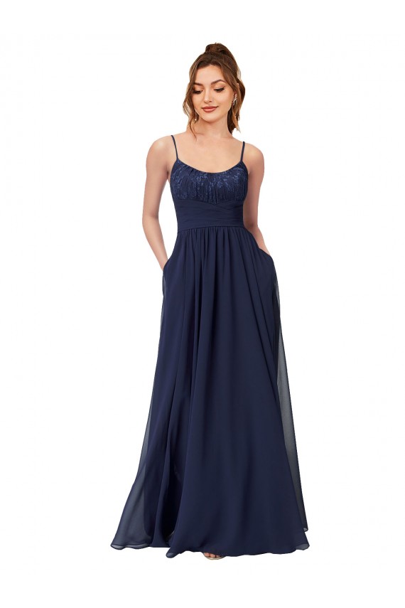 Bleu marine foncé Trapèze Scoop Mousseline Dentelle Longue Robes demoiselle d'honneur Prix Réduit