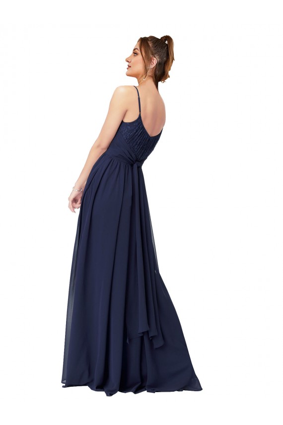 Bleu marine foncé Trapèze Scoop Mousseline Dentelle Longue Robes demoiselle d'honneur Prix Réduit