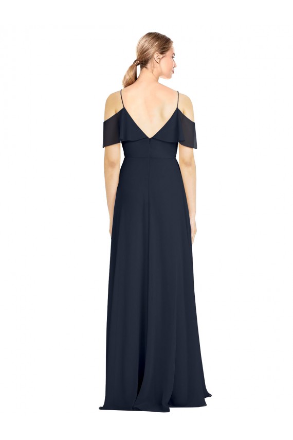 Bleu marine foncé Trapèze Épaule Dénudée Bretelles spaghetti Mousseline Longue Robes demoiselle d'honneur Prix Réduit